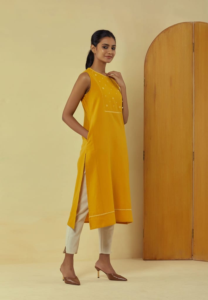 Liana Turmeric Sleeveless Kurta with Hand Embroidery view 2