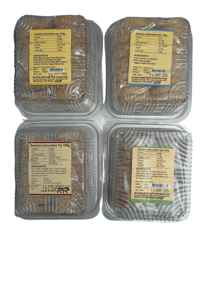 4 Combo Pack Millet Cookies (Each 200g) (Ragi Cow Desi Ghee Cookies, Bajra Cow Desi Ghee Cookies, Jowar Coconut Cookies, Multigrain Cookies) view 2