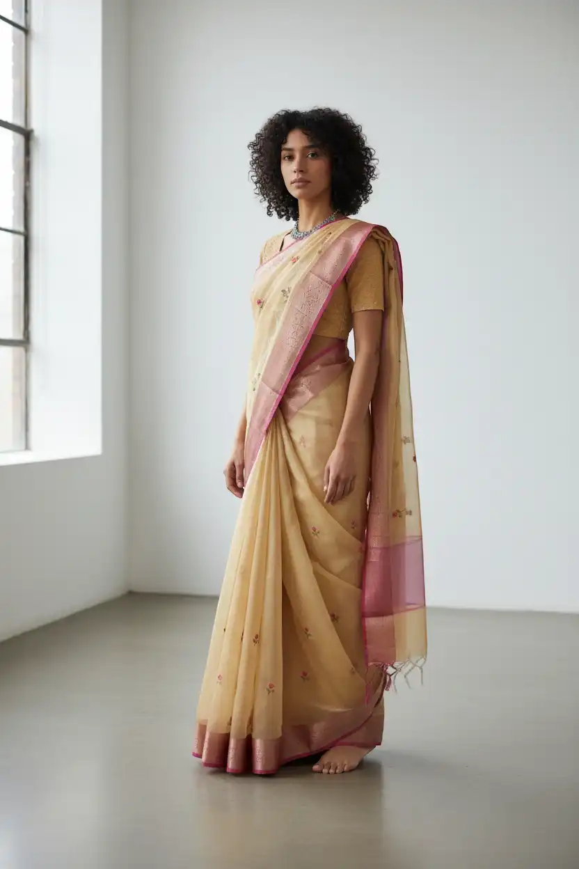 Light Sandal Kota Doria Cotton-Silk Saree with Zari Border and Blouse
