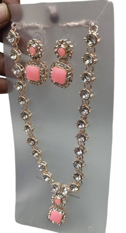 **Pink Rhinestone Necklace and Earrings Set view 2