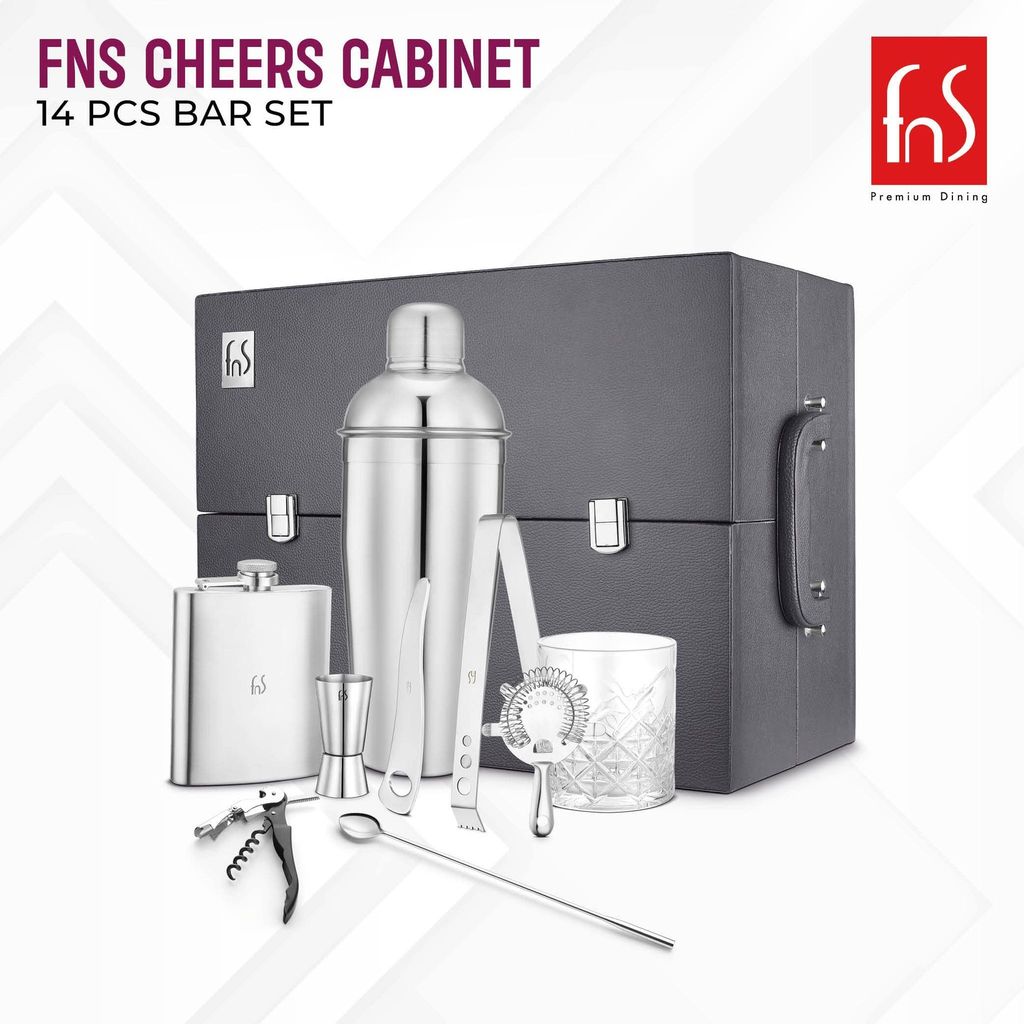 FNS Cheers Cabinet 14 pcs bar Set' 6 Whisky Glasses | 1 Cocktail Shaker| 1 Hip Flask | 1 Waiter Knife|1 Dual Peg Jigger|1 Cocktail Strainer |1 Cocktail Stirrer | 1 Bottle Opener |1 Tong view 2