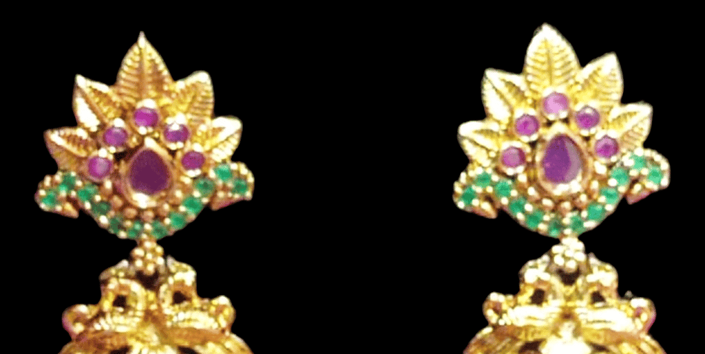 14k Gold Plated Kundan Meenakari Peacock Jhumka Earrings With Beads view 2