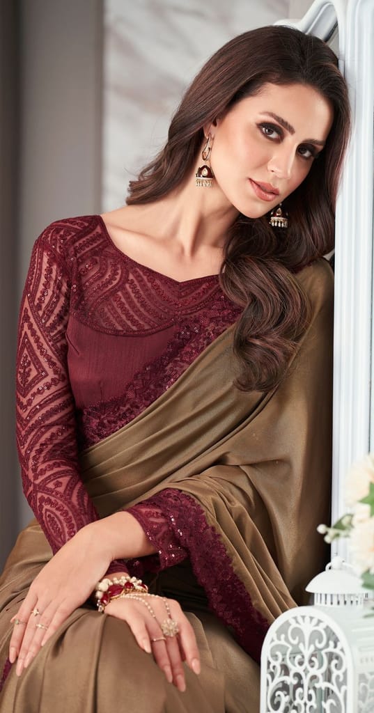 Embroidered Border Georgette Shimmer Saree in Brown view 2