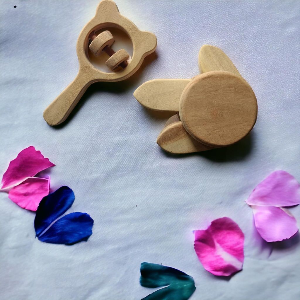 Neemtoys Neem Wooden Sensory Developing Flower Tumbler and Mickey Head Rattle with Multiple Textured Surface Shapes Sound Making Toys for Toddlers Toy for Babies (Brown) view 2