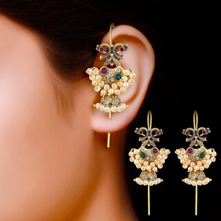 Vivastri Peacock Gold Plated Alloy Pearl Ear Cuff, Cuff Earrings Kaanphool Guttapusalu for Women & Girls - VIVA2921ERG view 2
