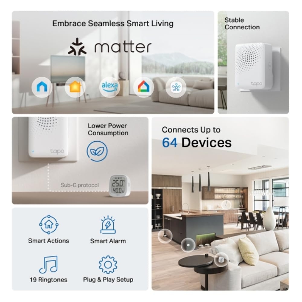 TP-Link Tapo H100 IoT Smart Hub with Chime, Smart Alarm and Doorbell, Smart Actions with Sensors, Switches & Buttons, Connect with up to 64 smart devices, Compatible with Alexa, Google Assistant view 2