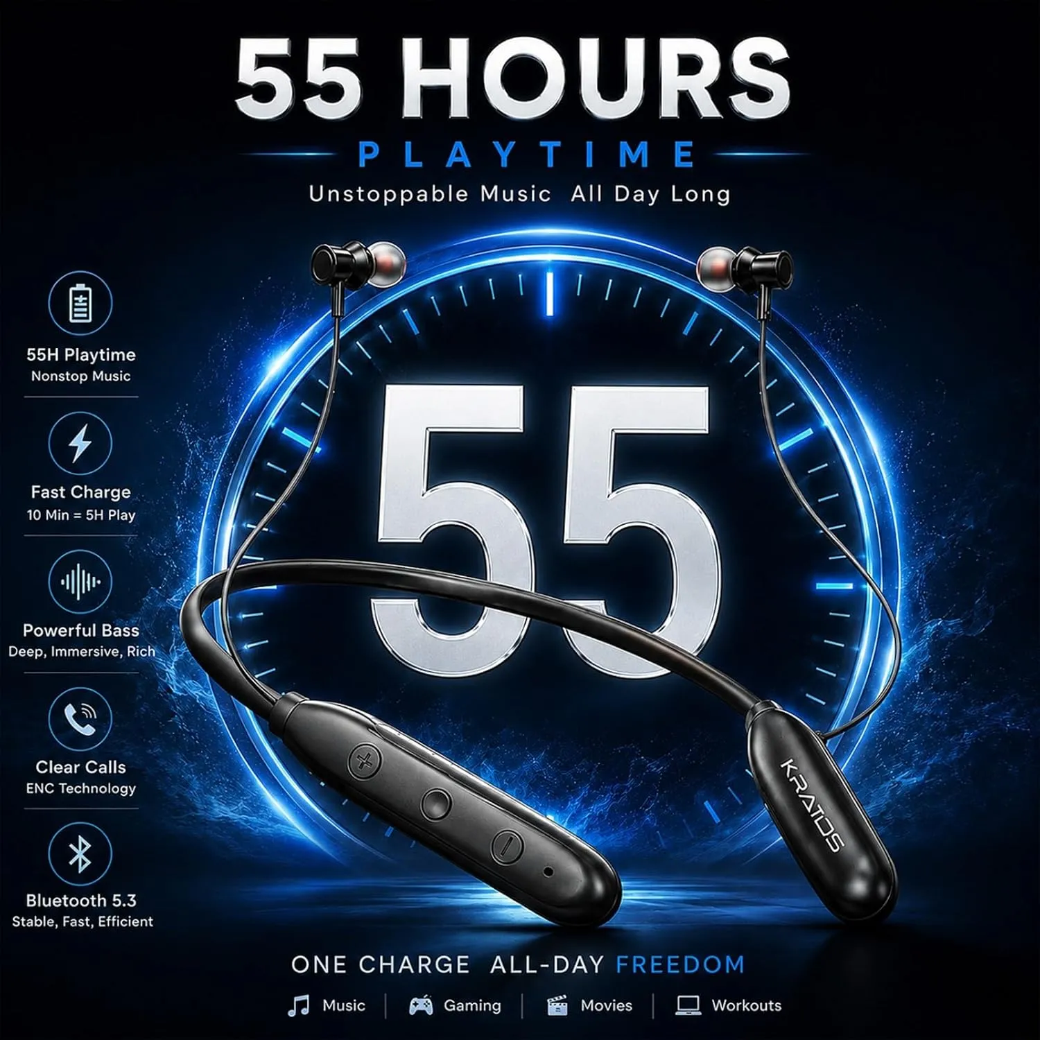 Kratos Jazz Neckband Bluetooth Headphones with 55H Playtime, Deep Bass, Stereo Sound, HD Calls, Magnetic Earbuds, Voice Assistant, Type-C Fast Charging, Rich Audio, Comfort Fit Bluetooth Neckband view 2