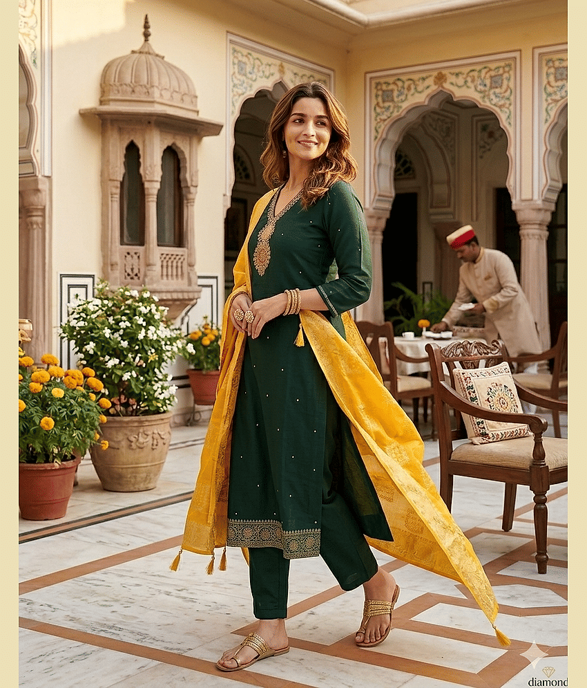 VARNI VESH Women Cotton Blend Embroidered Straight Kurti With Pants ( Green )