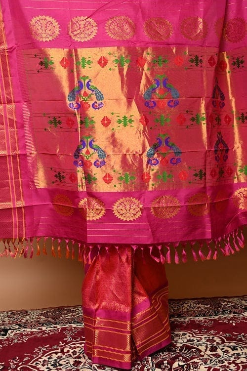 Pure Silk Handloom Maharani Paithani - Complete Brocade Work throughout Saree - Peach Pink with Pink Border view 2