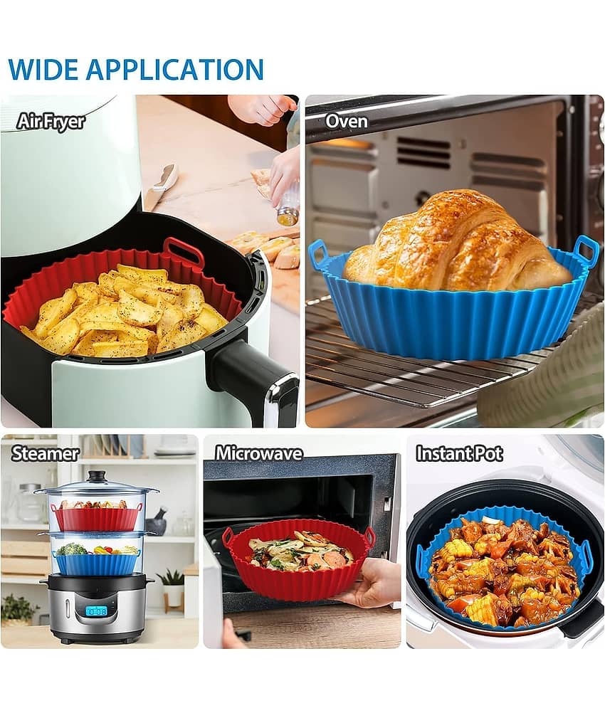 Bhavyta Air Fryer Silicone Liners, Round, Square 8 Inch Reusable Non-Stick Basket with Ear Handles, Heat Resistant Multicolor Baking Tray Pot Insert for Air Fryer, Oven, Microwave, Easy to Clean view 2