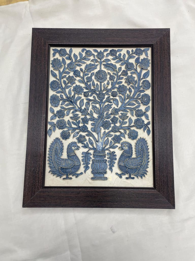 Stone Dust painting, Framed Tree of Life Wall Art with Peacocks, Blue, Decorative Relief Panel, Traditional Indian Design Size(30 * 36cm) view 2