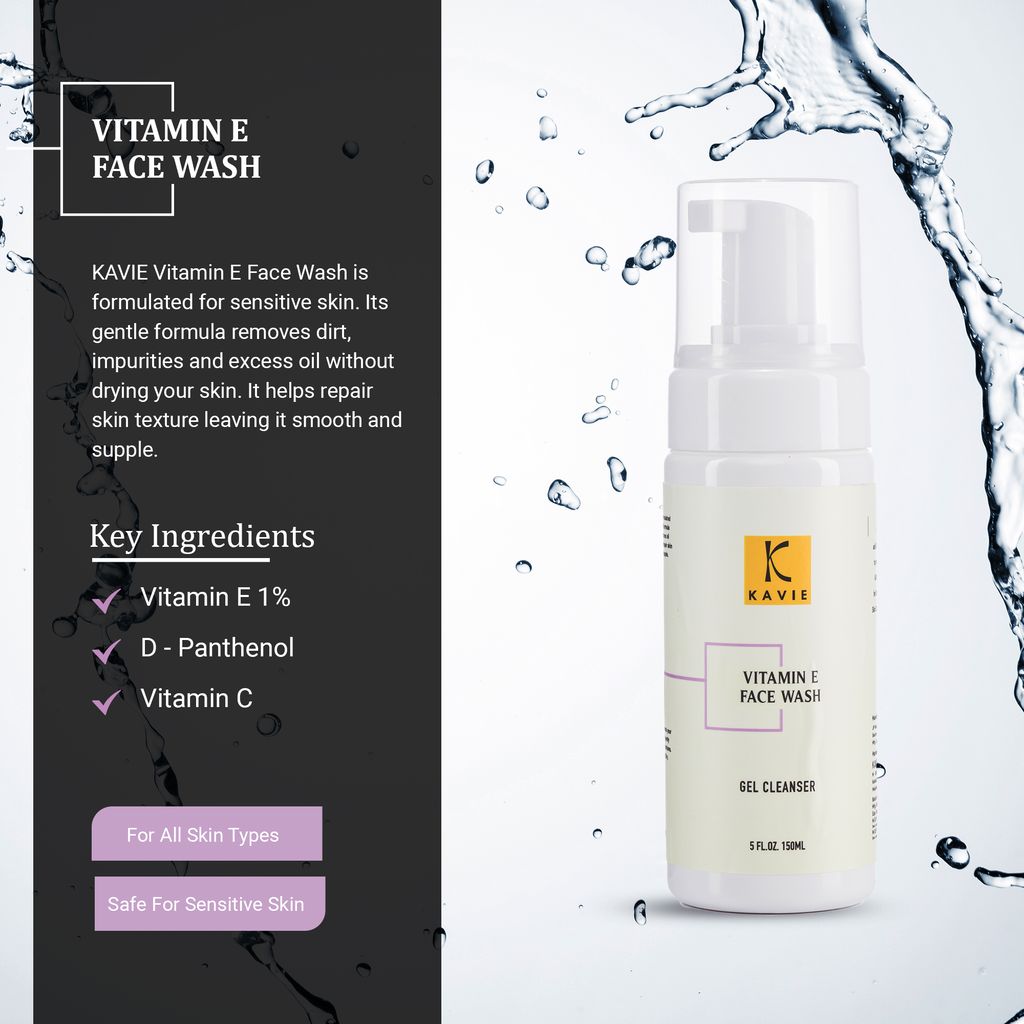 Kavie Vitamin E Face wash With Vitamin C And D-Panthenol | Vitamin E 1% | All Skin types | Sensitive Skin |Skin Repair | Reduce Hyperpigmentation | Skin Hydration |Foam Face Wash (150 ml) view 2