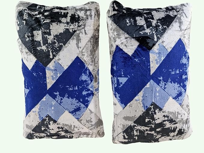 Velvet bedsheet with Two Pillow Covers,Geometric Patchwork, Blue, Black, Grey view 2