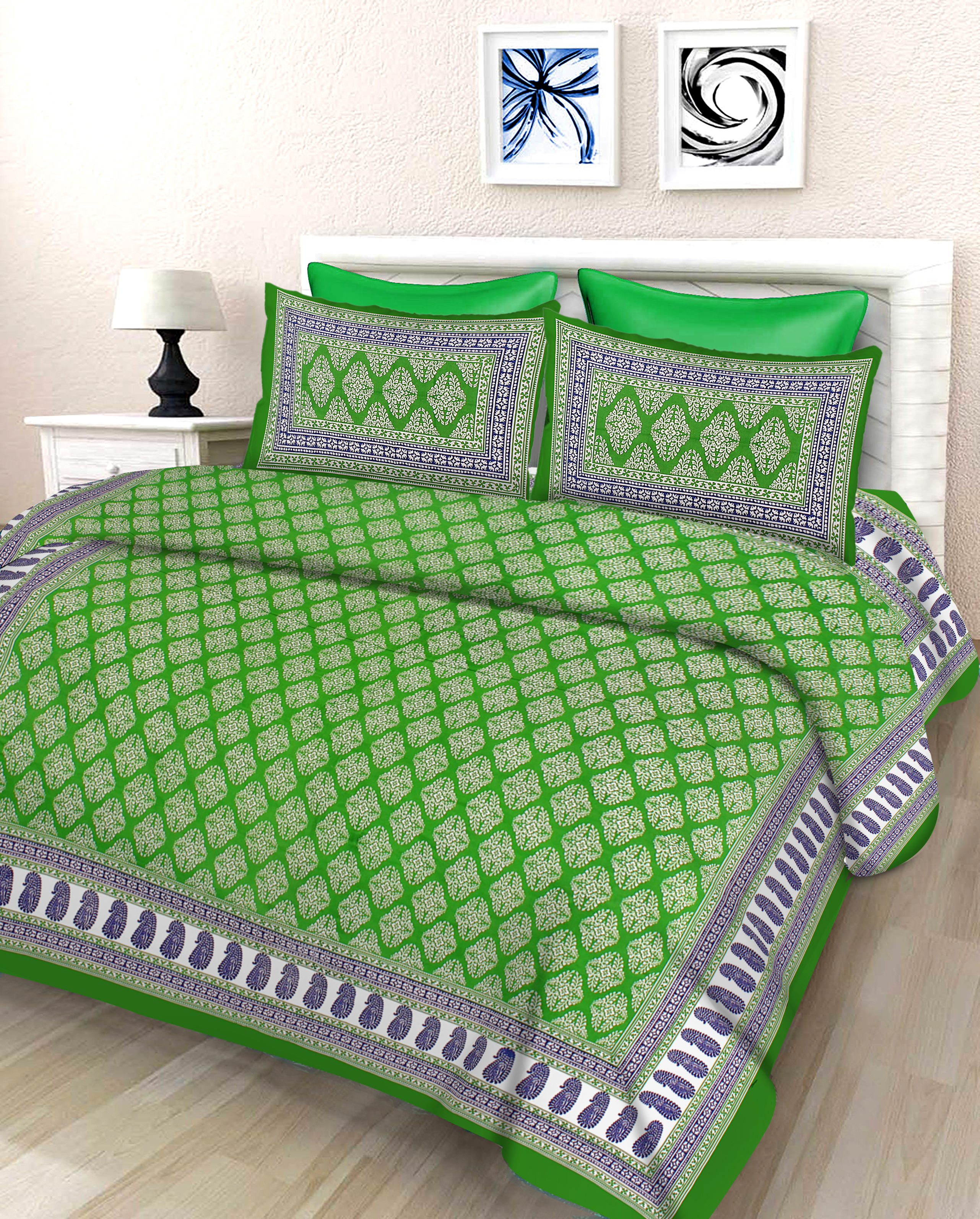 Lali Prints Green White Ethnic Motifs Cotton 130 TC Queen Bedsheet with 2 Pillow Covers