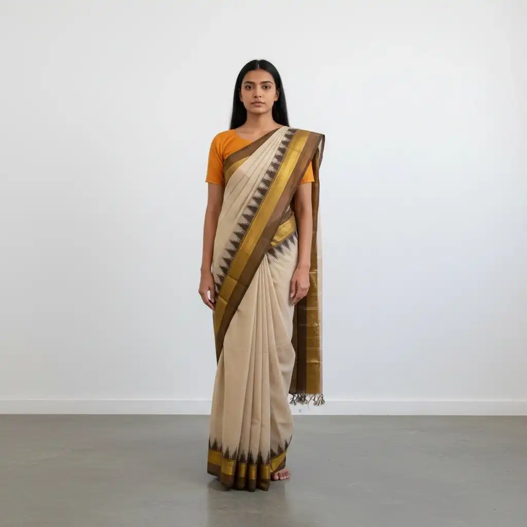 Cream Handloom Cotton Kanchipuram Saree with Golden Temple Border