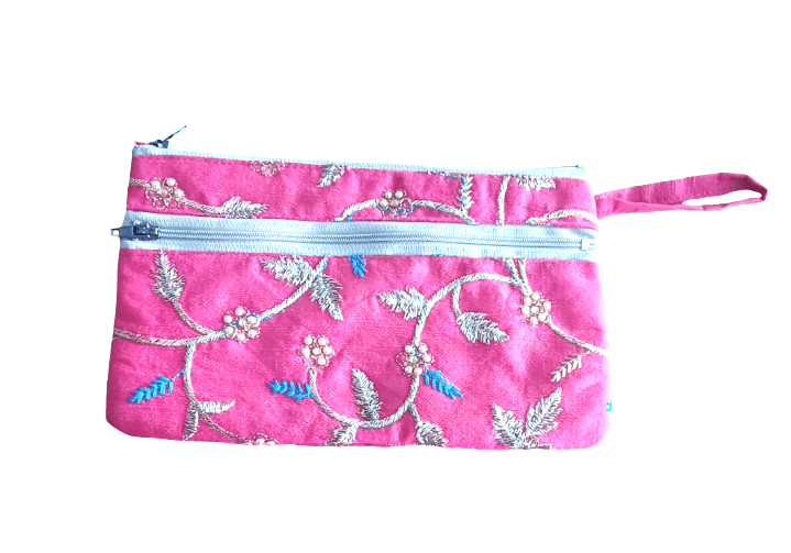 Embroidered Pink Zipper Pouch / Makeup Organizer Bag view 2