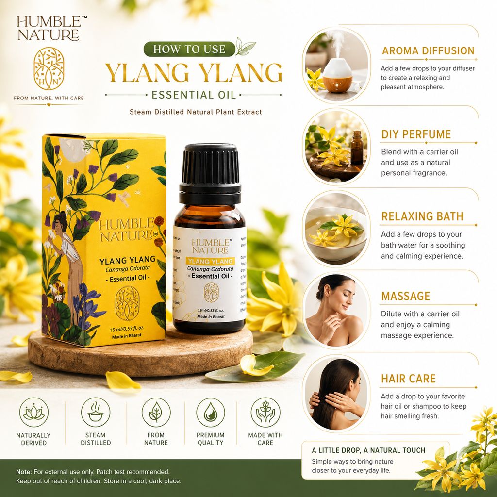 Humble Nature Ylang Ylang Essential Oil 15ml | Steam Distilled Natural Cananga Odorata Oil | Premium Aromatherapy Diffuser, Massage & DIY Skincare Hair Care Oil | GC-MS Tested view 2