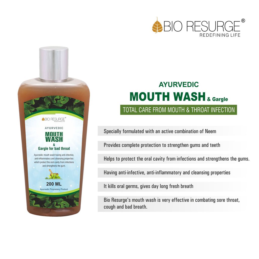 Bio resurge antibacterial ayurvedic mouthwash | 200ml | ayush certified, for germ defense, bad breath, plaque, cavities and gum, sore throat, cough view 2